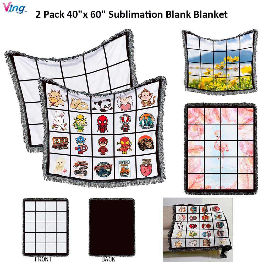 VING 2 Pack 40 x 60 Sublimation Blanks Blankets with 20 Photo Panel  Custom Personalized Flannel Fringe Baby Blankets Couch Sofa Bed Home Blanket